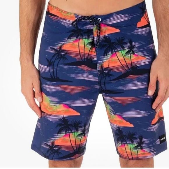 NWT Hurley Board Shorts Swim Phantom Quick Dry 4 Way Stretch Palm Tree Navy - Picture 1 of 11